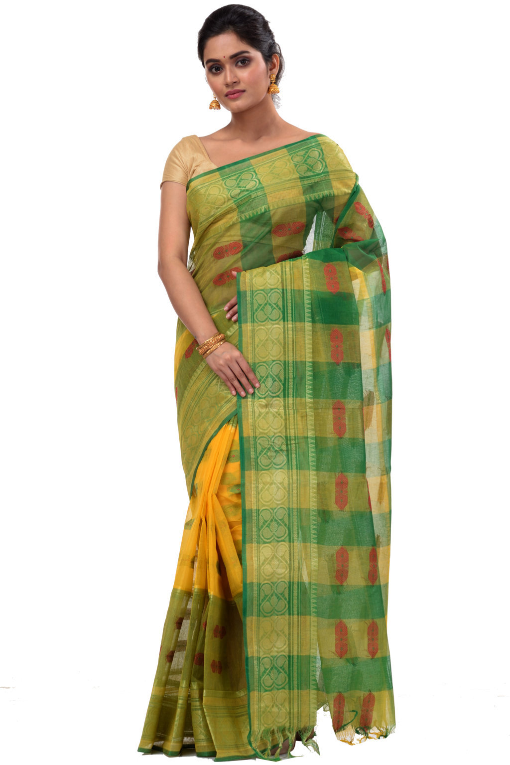 Yellow Green Pure Cotton Raj Nandi Desigine Tant Saree (2832)